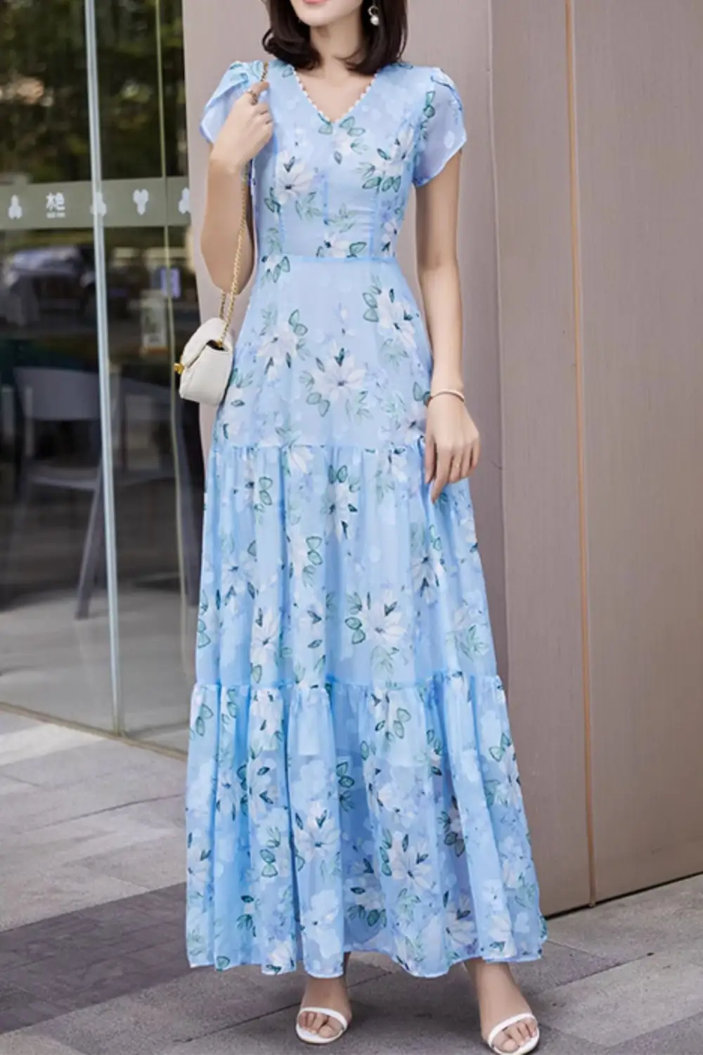 Modern Floral Chiffon Maxi Dress