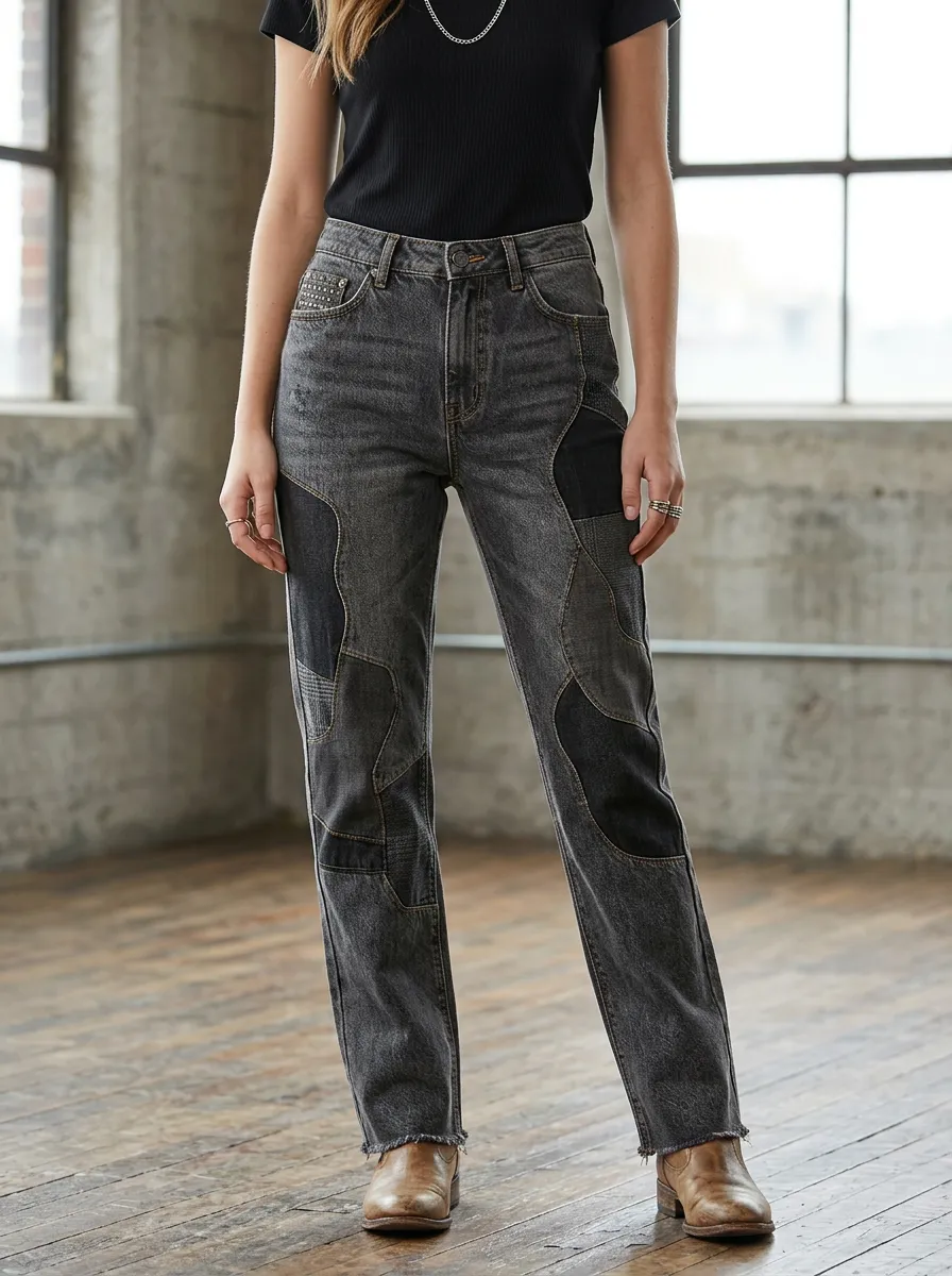 Women's Western Style Grey Patchwork Printed Jeans
