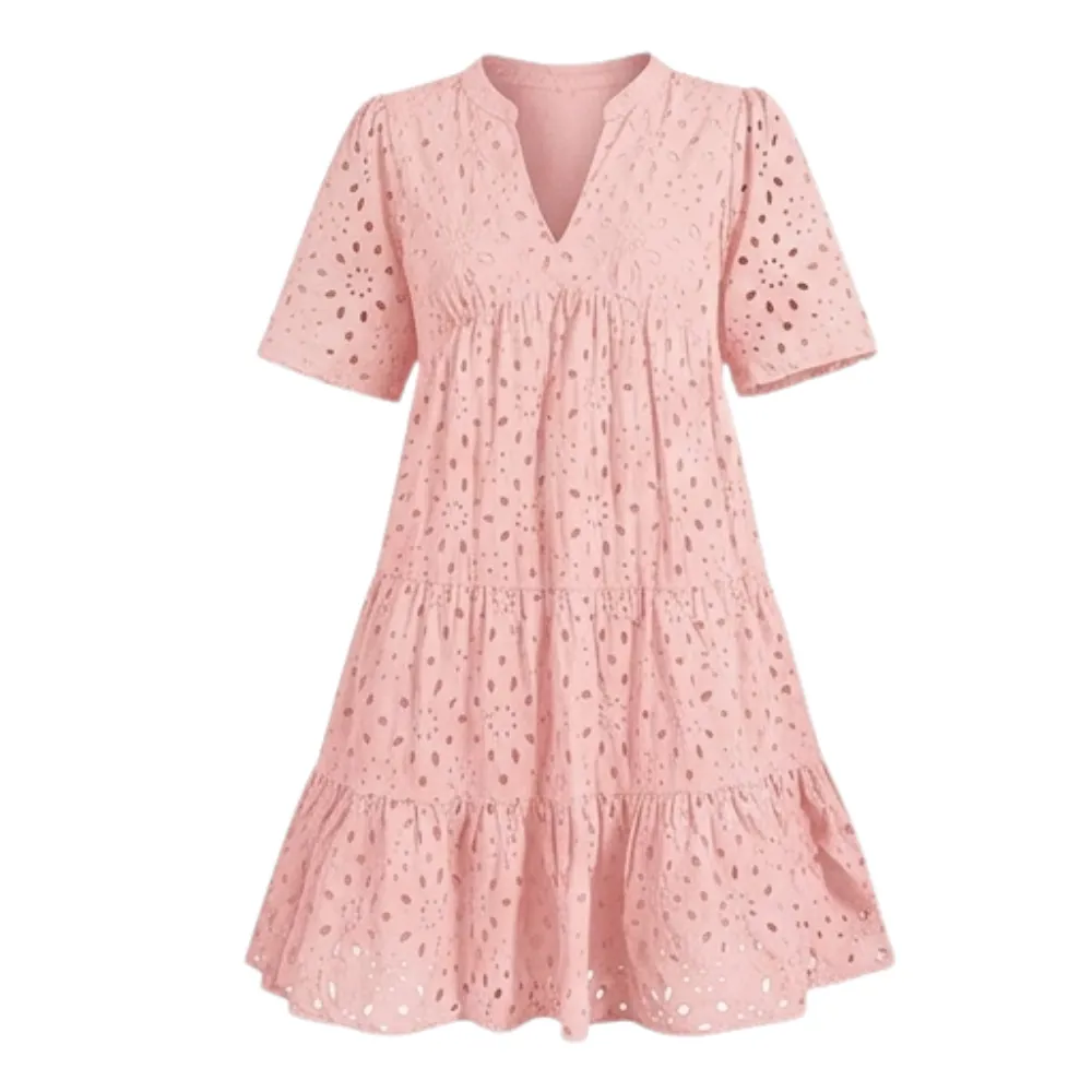 V Neck Flowy Eyelet Midi Dress