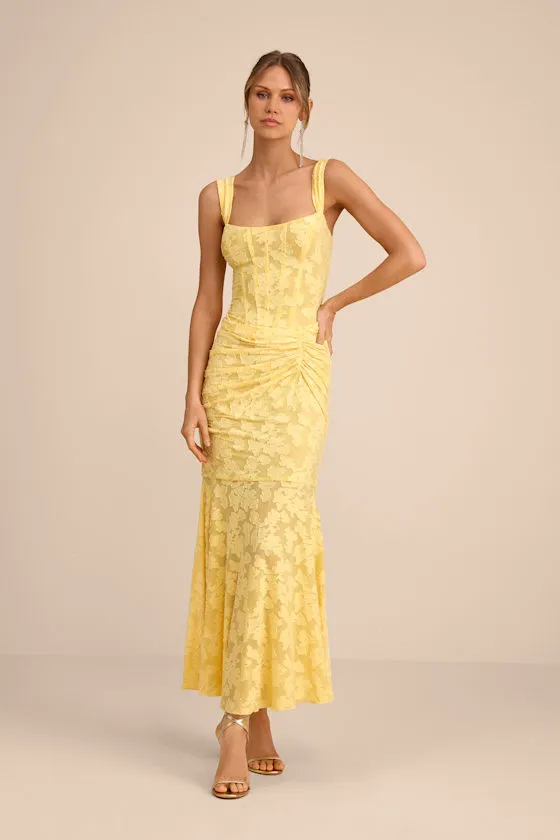 Celeste Yellow Floral Burnout Bustier Maxi Dress