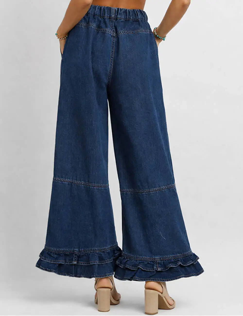 Ruffle Hem Jeans Elastic Waist Wide Leg Denim Pants