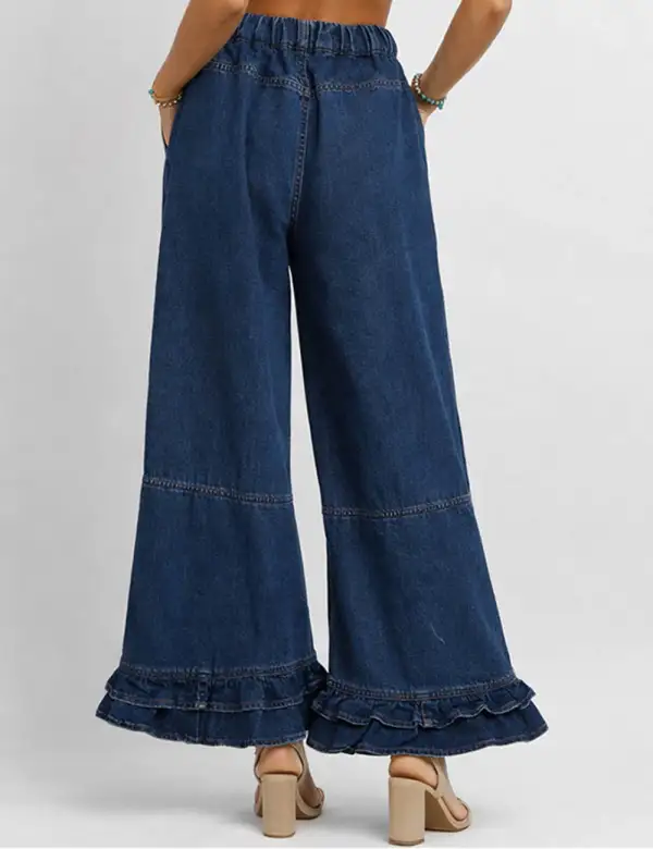 Ruffle Hem Jeans Elastic Waist Wide Leg Denim Pants
