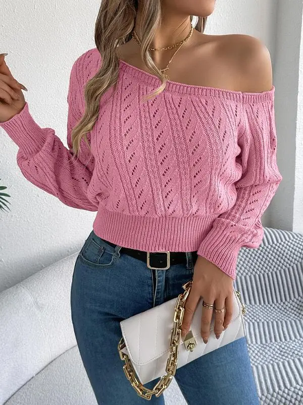 Women's Plain Textured Hollow Out Asymmetrical Neckline Longsleeves Sweater Knitwear, Elegant Casual Raglan Sleeve Long Sleeve Jumper for Fall & Winter, Fashion Ladies' Knitwear for Daily Wear, Women's Clothing, Go Out Tops, Trending Clothing Women