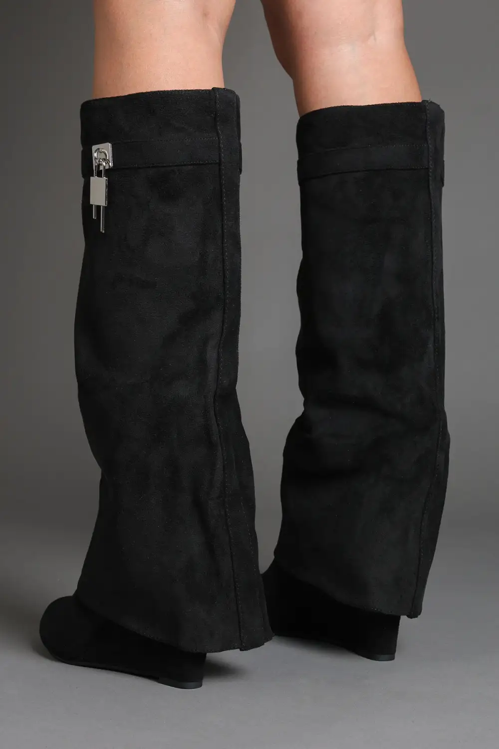 Fold-Over Padlock Detail Wedge Faux Suede Knee High Boots