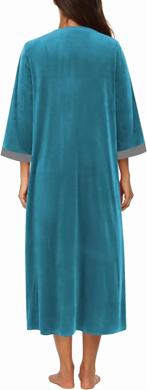 50% OFF Women Zipper Robe 3/4 Sleeves Loungewear Dress Full Length Sleepwear Pockets Housecoat Nightgown Long Bathrobe