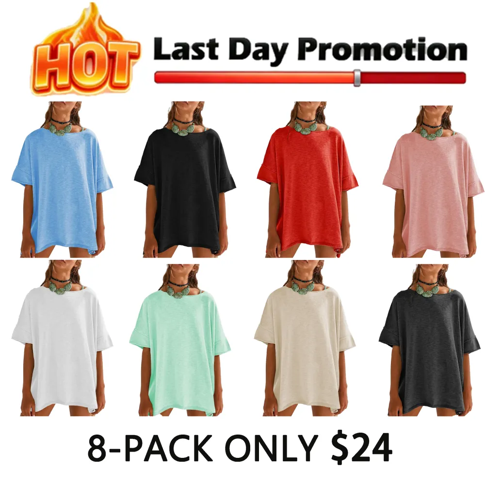 Women's Oversized T Shirts Casual Summer Crew Neck Loose Dropped Short Sleeve Side Slit Hem Blouse Tunic Tops