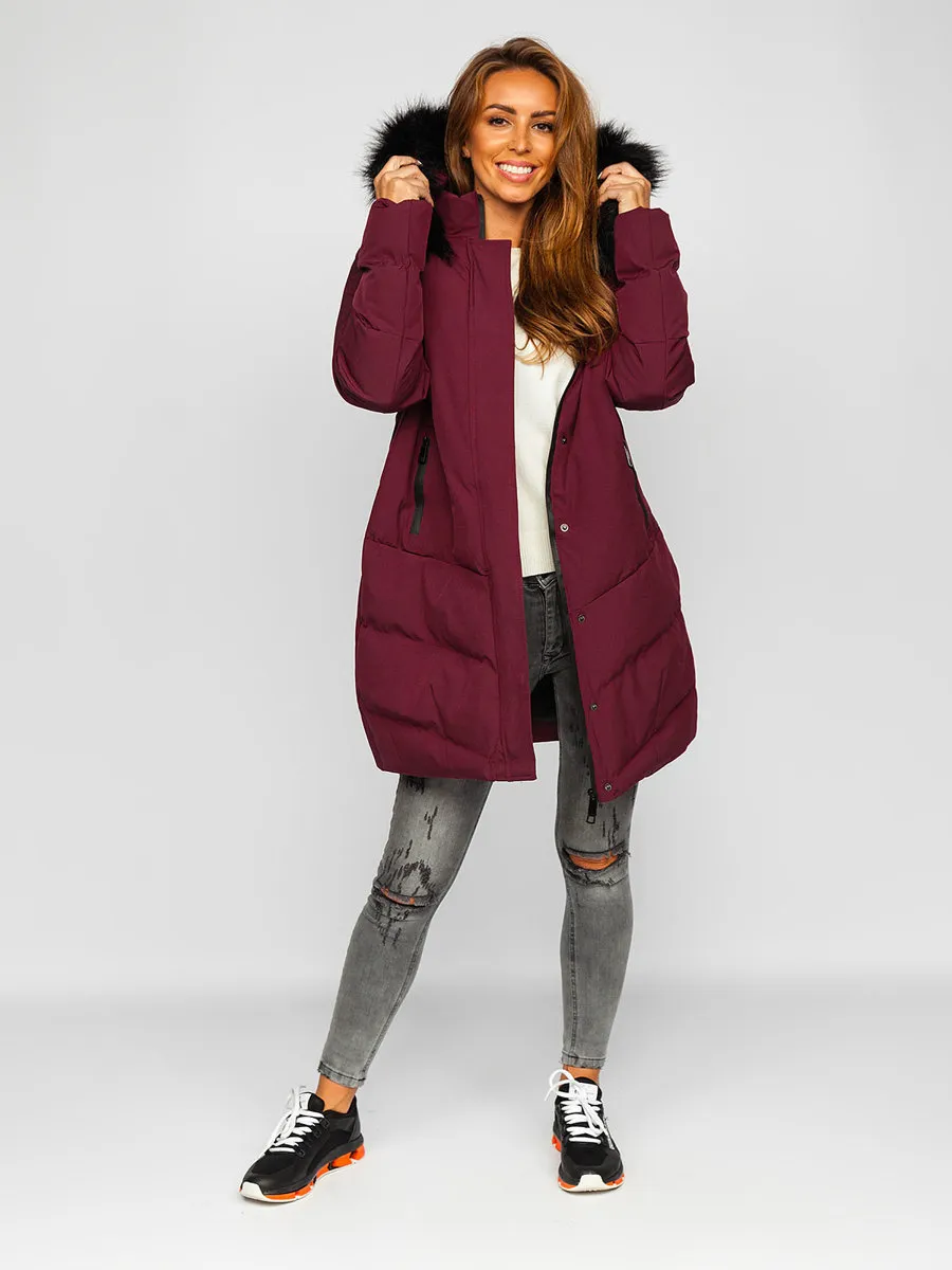 Wine Women's Quilted Winter Jacket With Hood