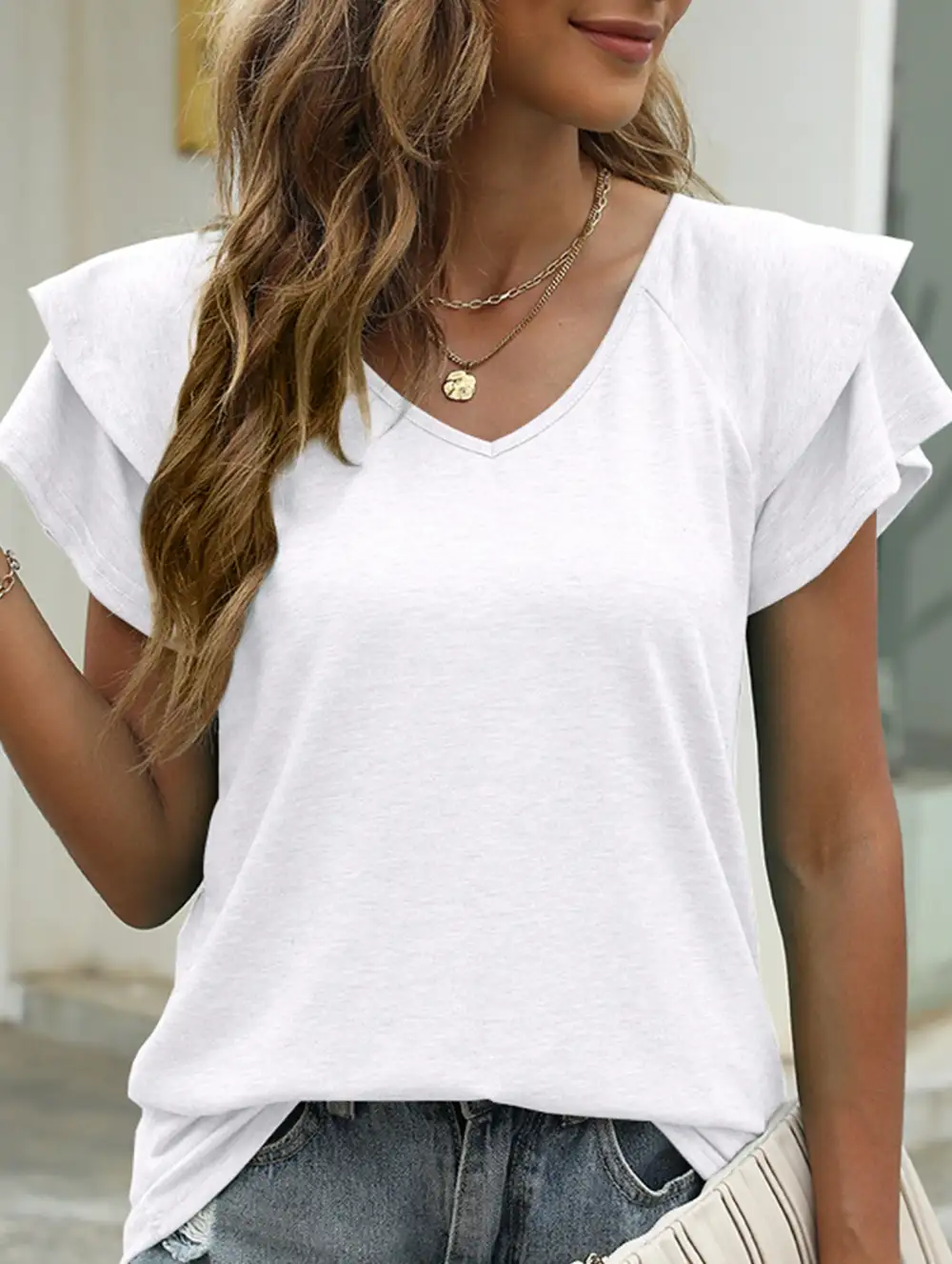 Solid Color V-Neck Ruffle Sleeve T-Shirt