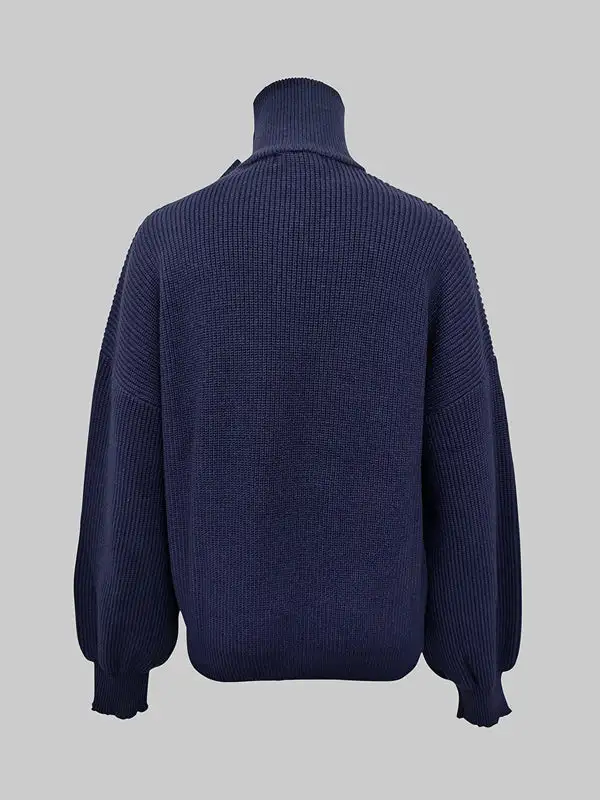 Bow Detail Paneled High Neck Puff Sleeve Relaxed Fit Sweater