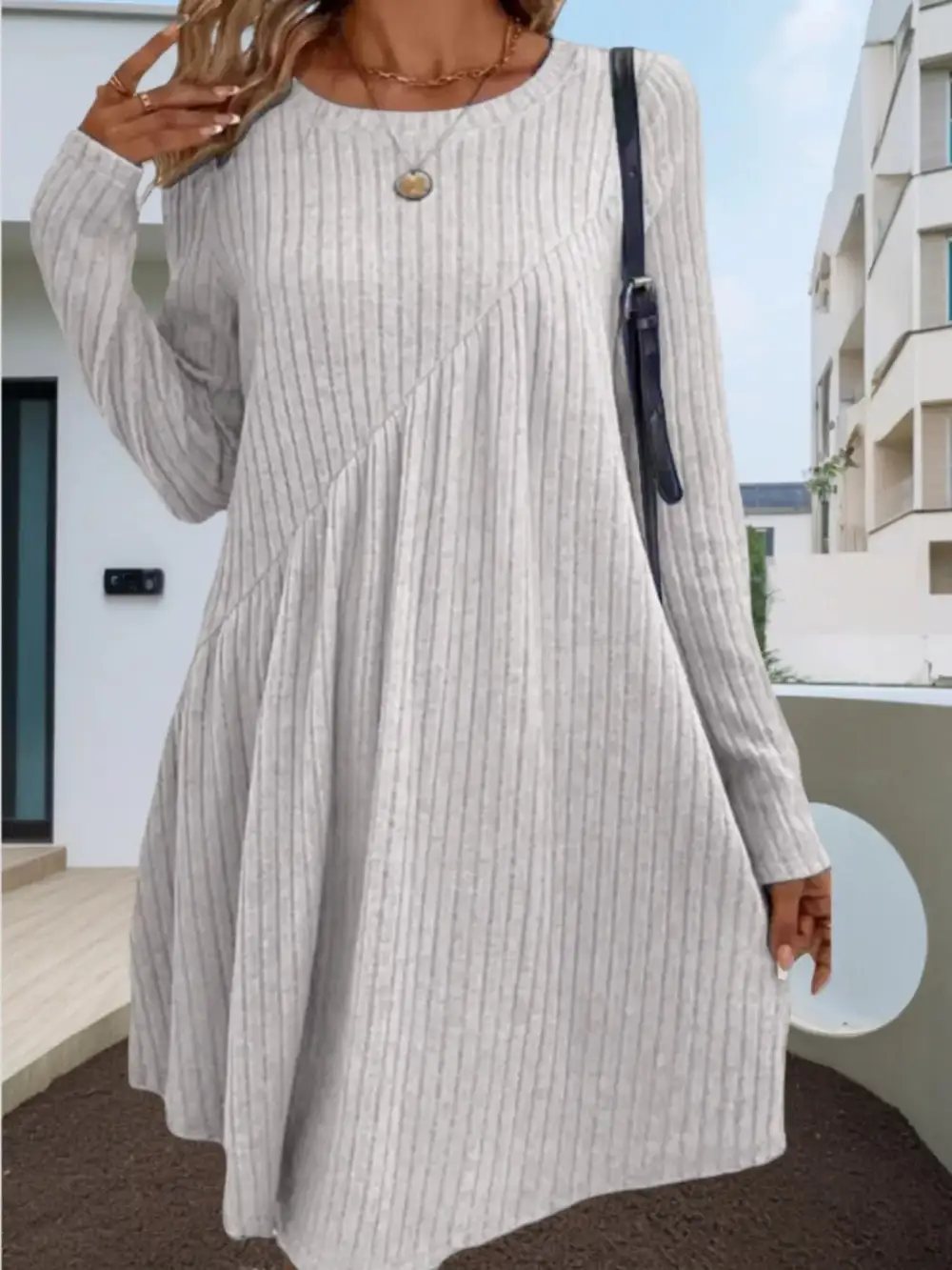 Layered Detail Ribbed Knit Long Sleeve Sweater Dress