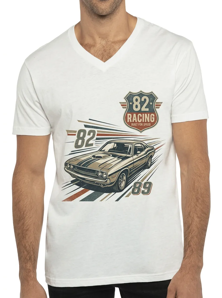 Men's Vintage Racing Car 82 Built For Speed Printed V-Neck T-Shirt