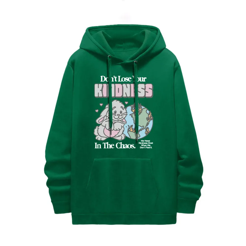 Bunny & Globe Graphic Black Hoodie with Kindness Slogan