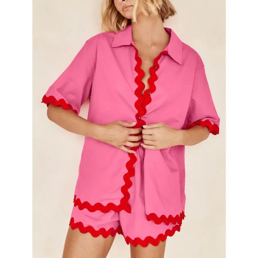 Soft Contrast Trim Half Sleeve Top and Shorts Set
