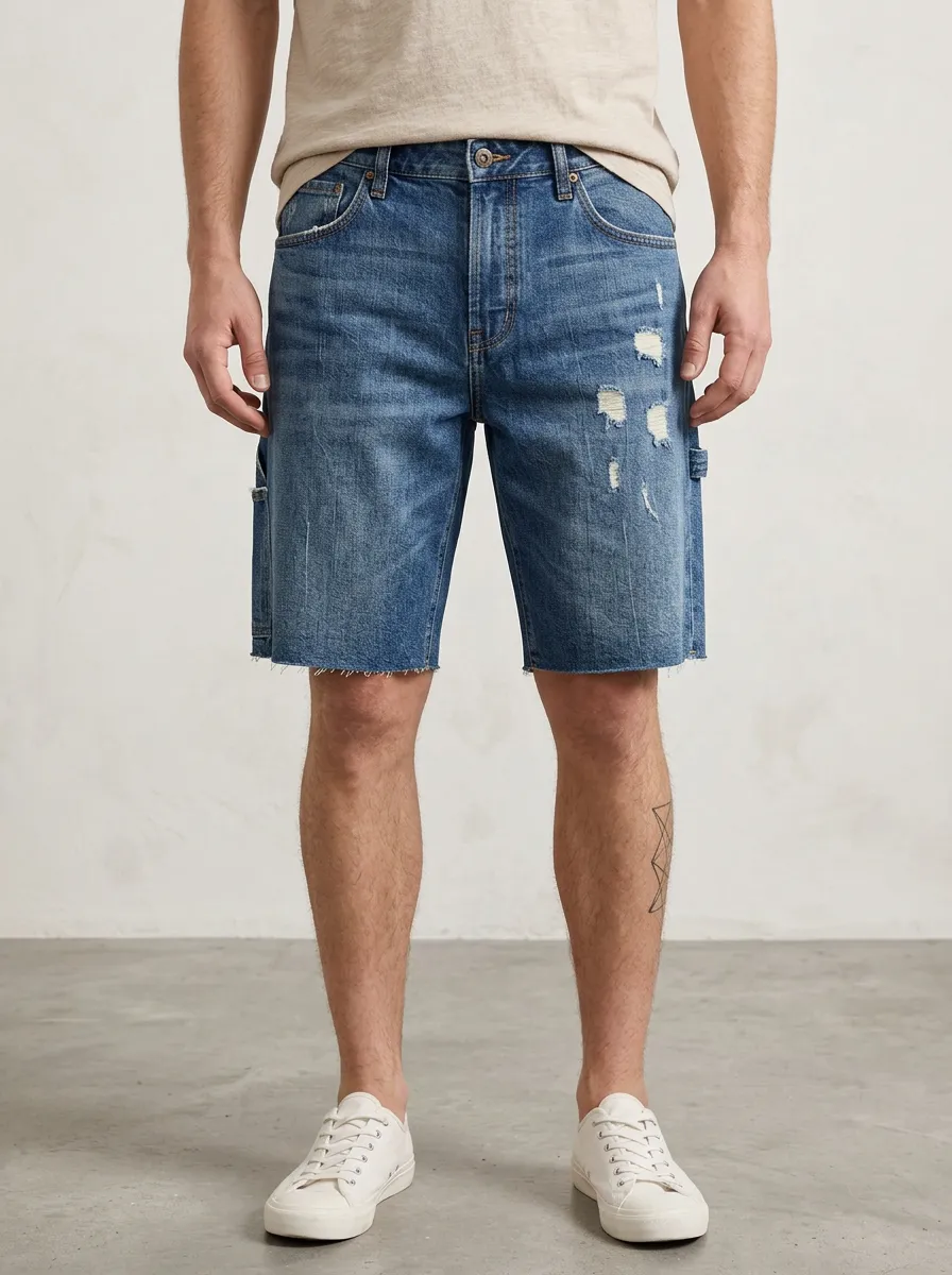 Men's Casual Distressed Raw Hem Distressed Denim Shorts