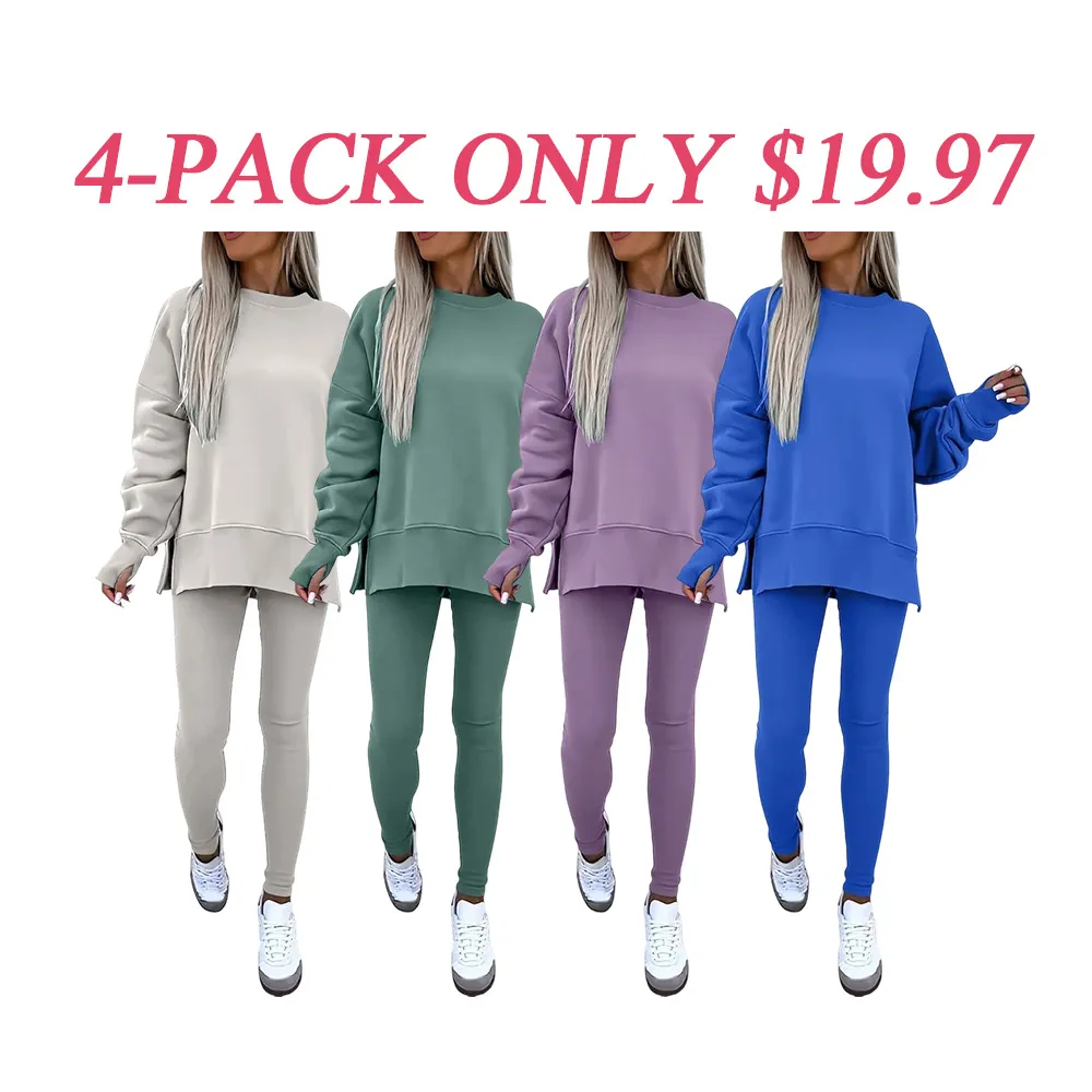 🔥6 PACKS $23.97🔥Women Casual Two Piece Outfits Oversized Pullover Sweatshirts with Thumb Hole Slit Ribbed Pants