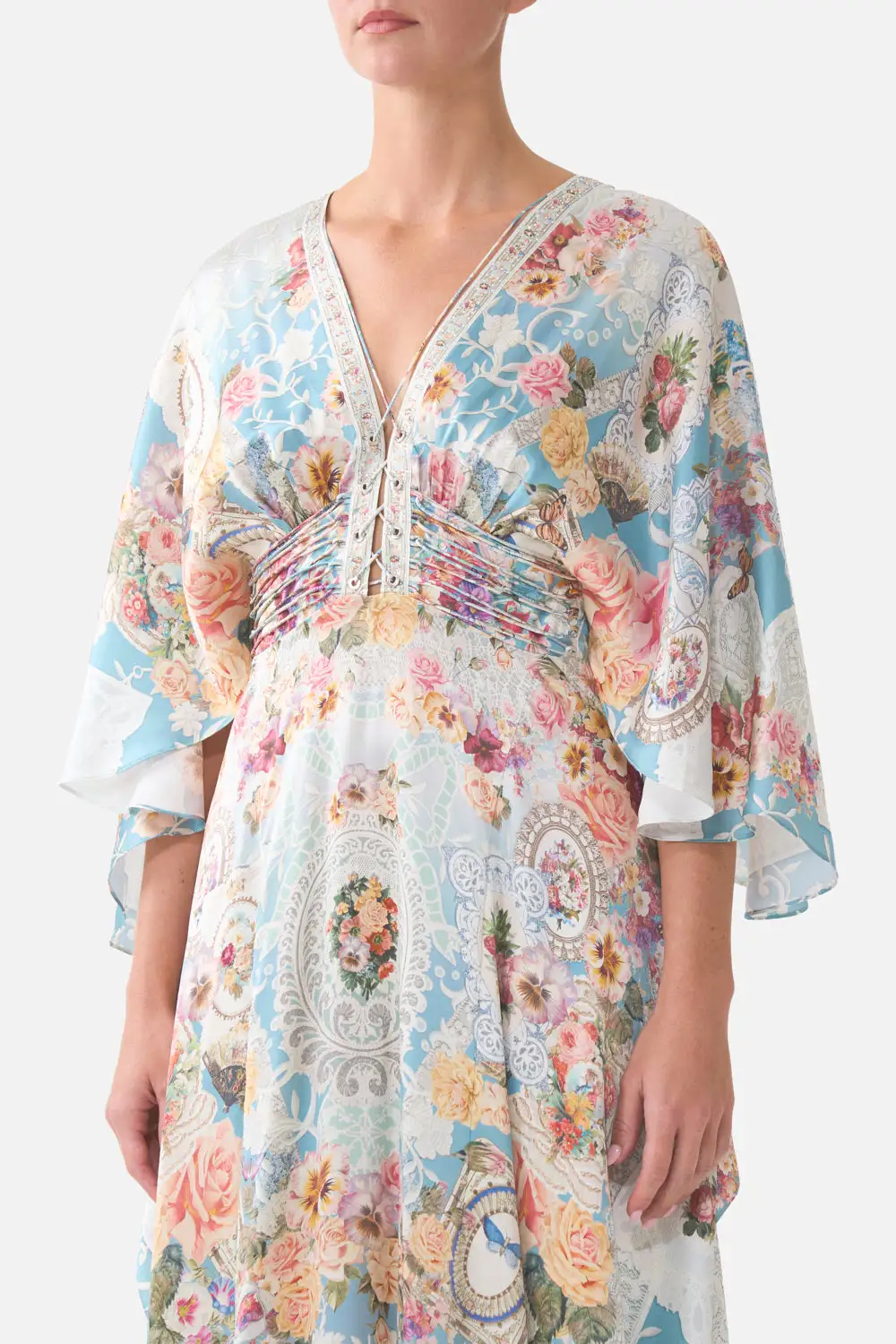 V-Neck Lace Up Detail Long Dress