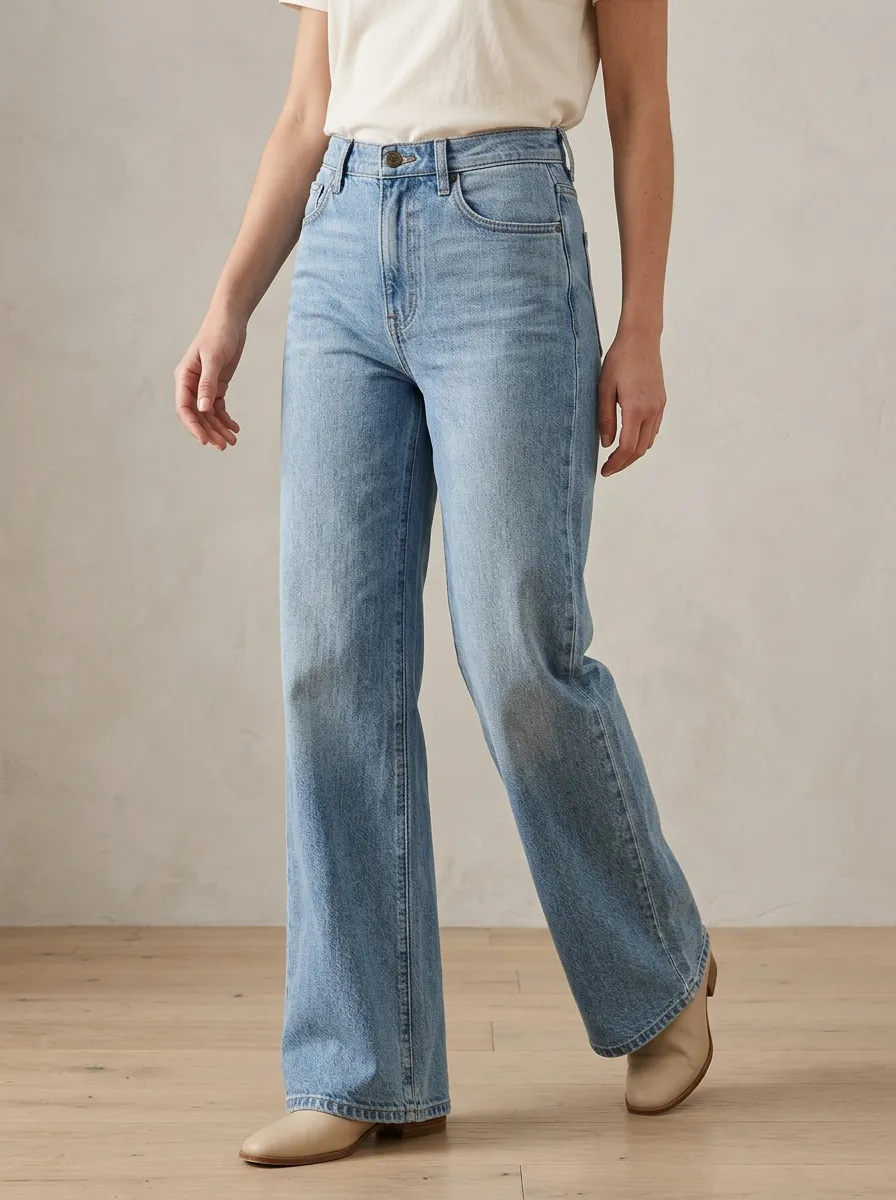 Clean-Styled High-Rise Wide-Leg Washed Denim Jeans