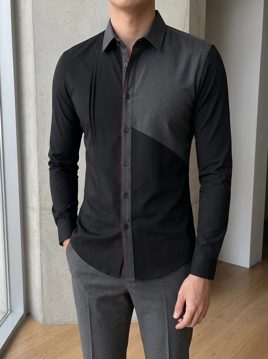 Men's Slim Fit Colorblock Contrast Panel Button Down Shirt
