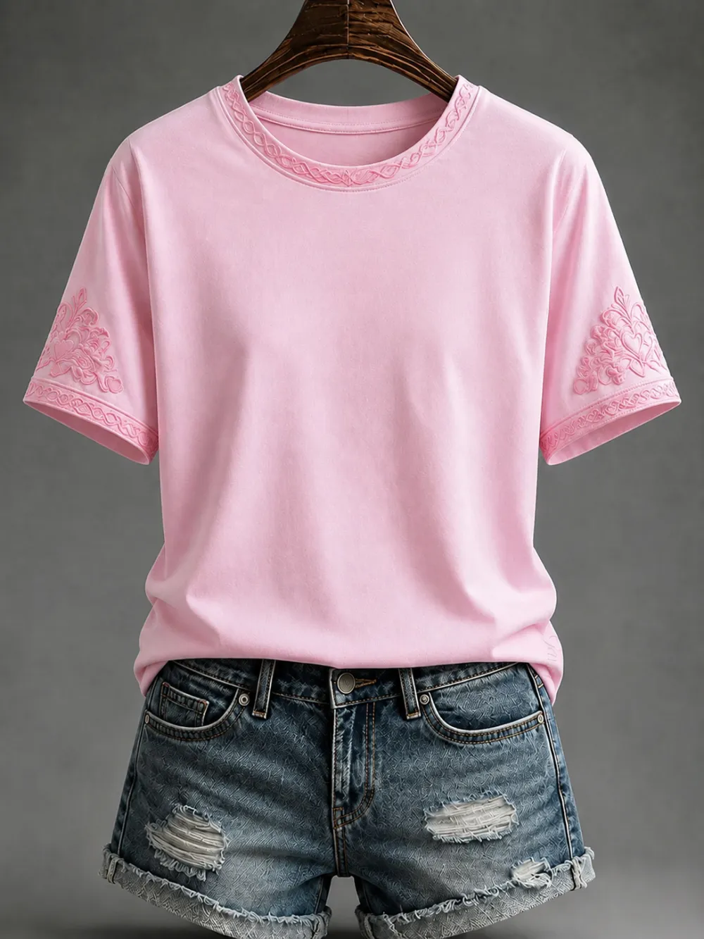 Pink Embroidered Trim Short Sleeve T-Shirt