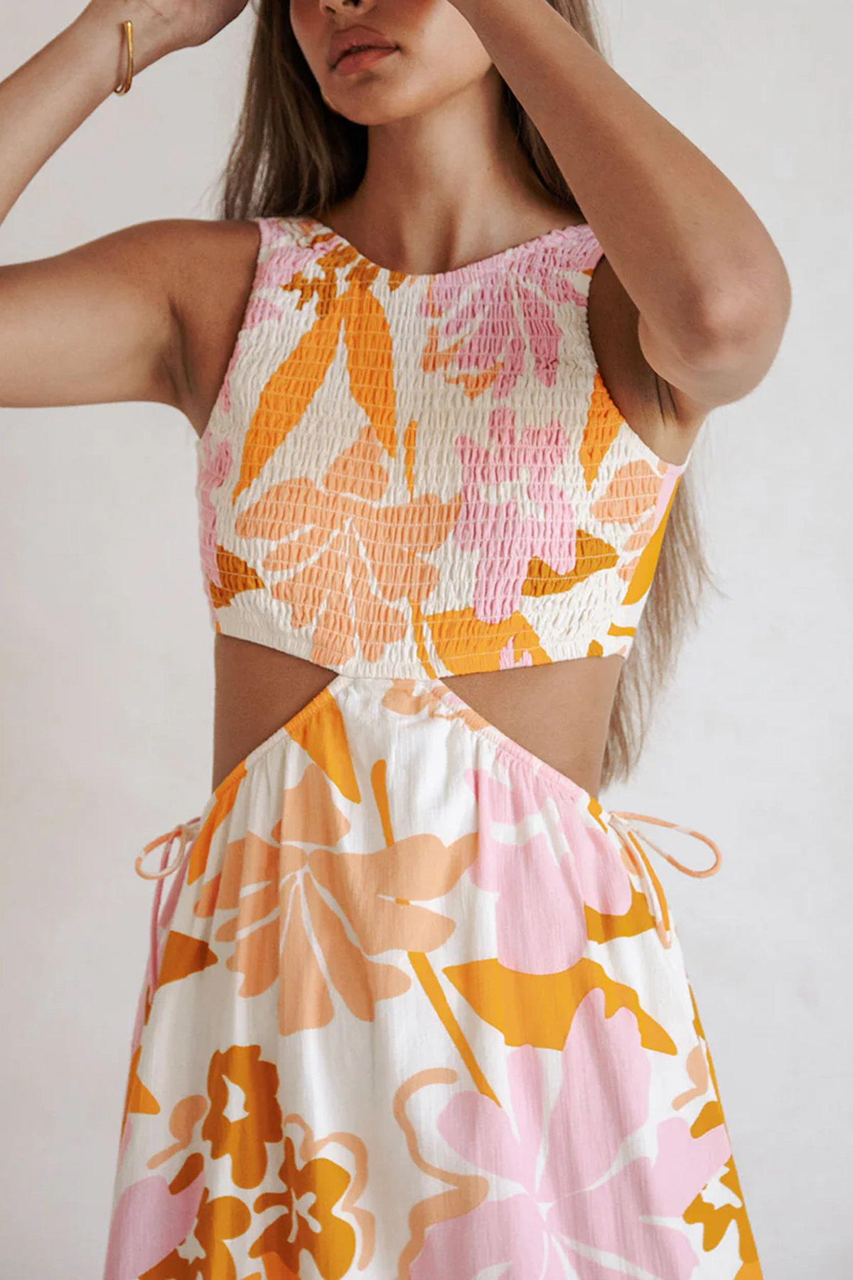 Cut Out Floral Print Midi Dress