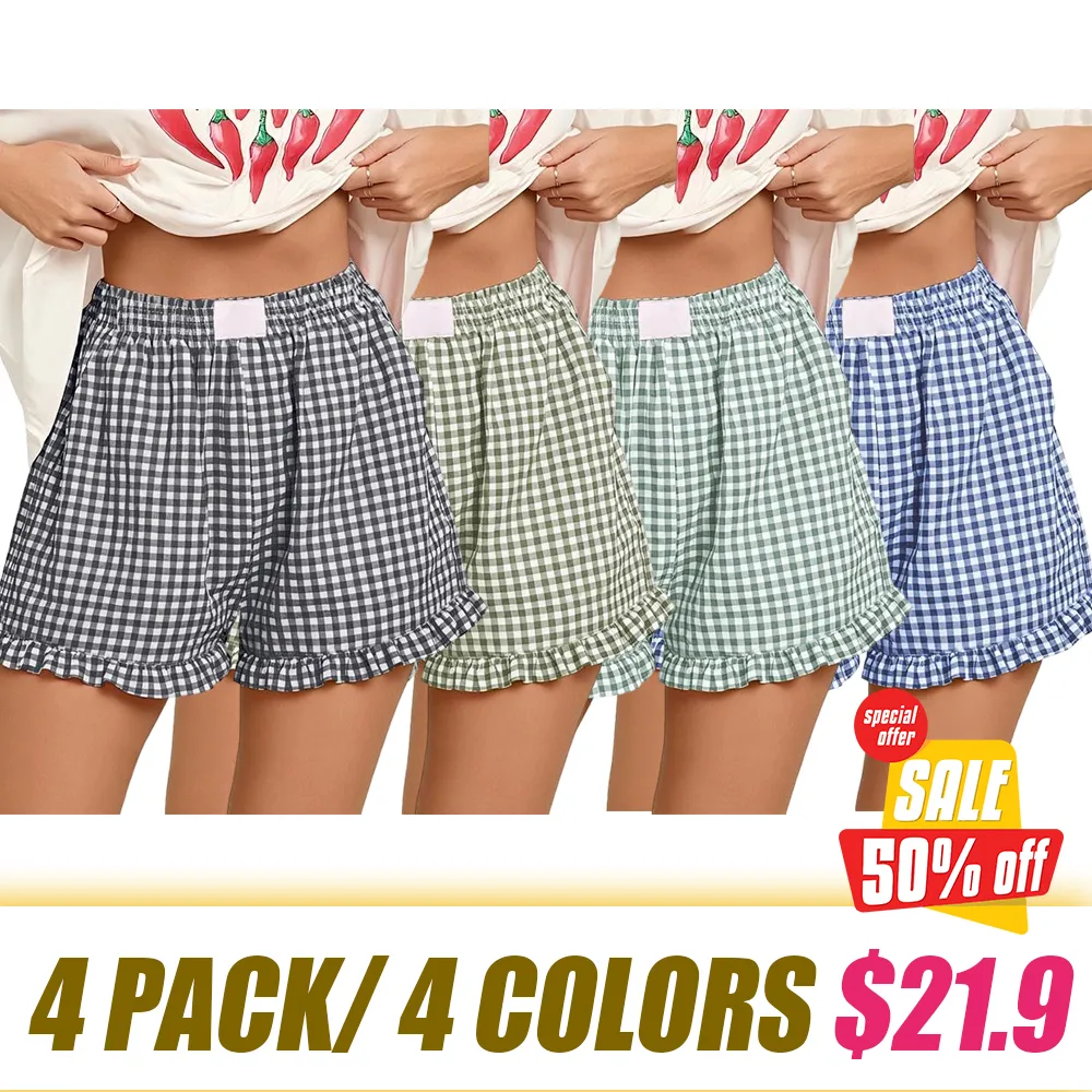 Women's Casual Lounge Sleep Plaid Ruffle Boxer Shorts Pajama Gingham Beach Bottoms Pockets