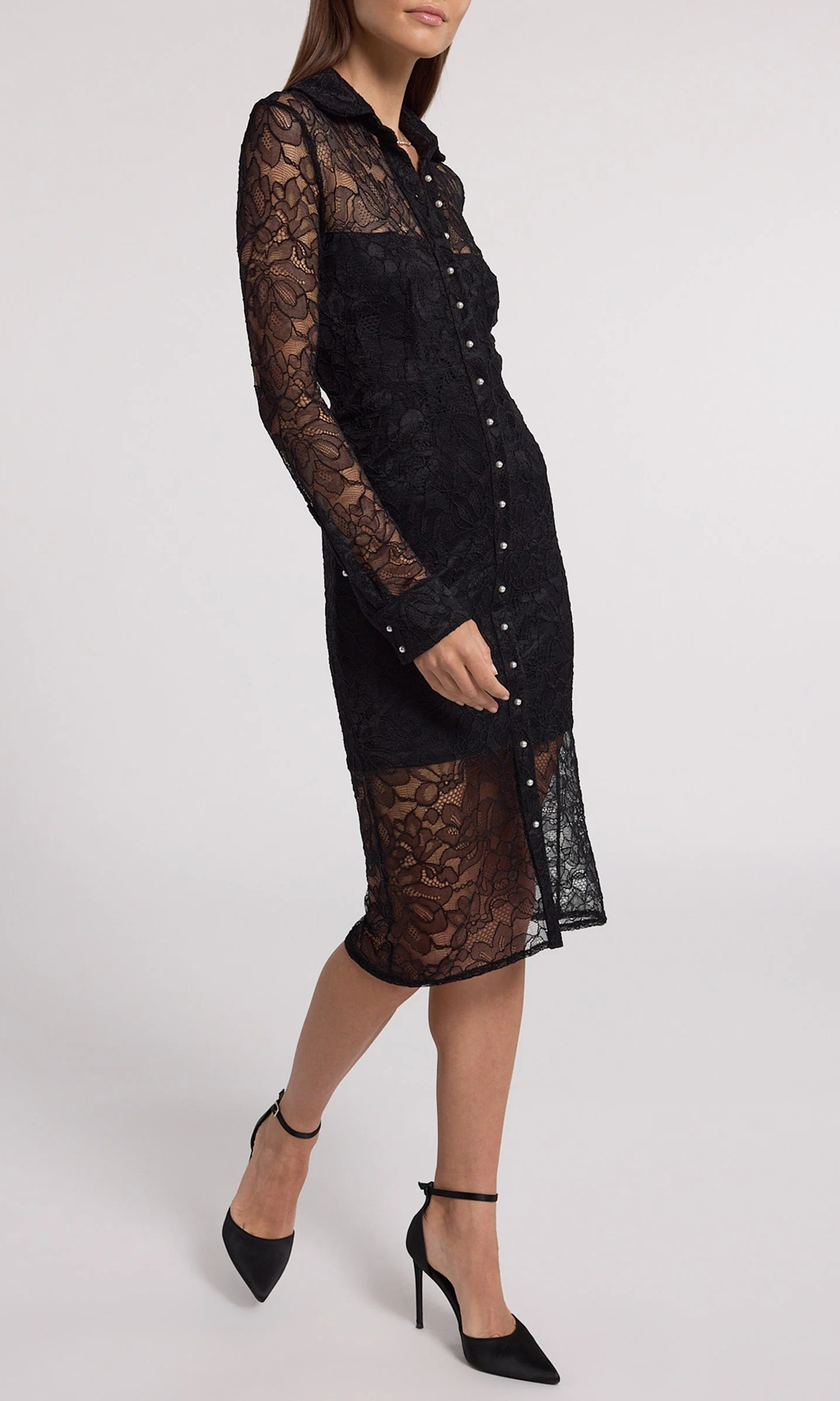 Lapel Long Sleeve Lace Panel Dress