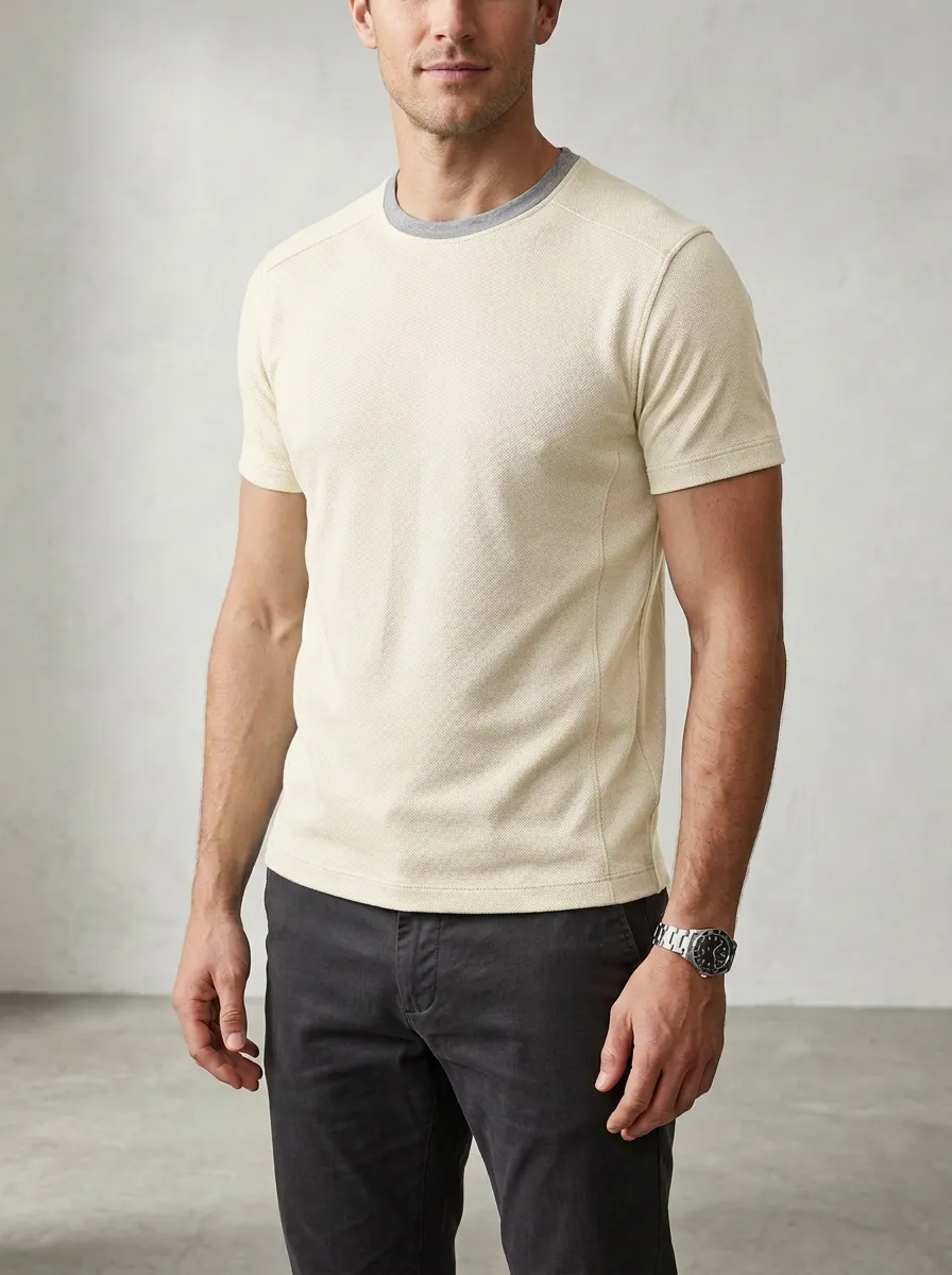 Streamlined Ribbed Textured Contrast Trim Layering Style Men's Slim Fit Short Sleeve T-Shirt