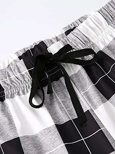 Women's Plaid Print Drawstring High Waist Straight Leg Pants Casual Loose Long Pajama Lounge Trousers