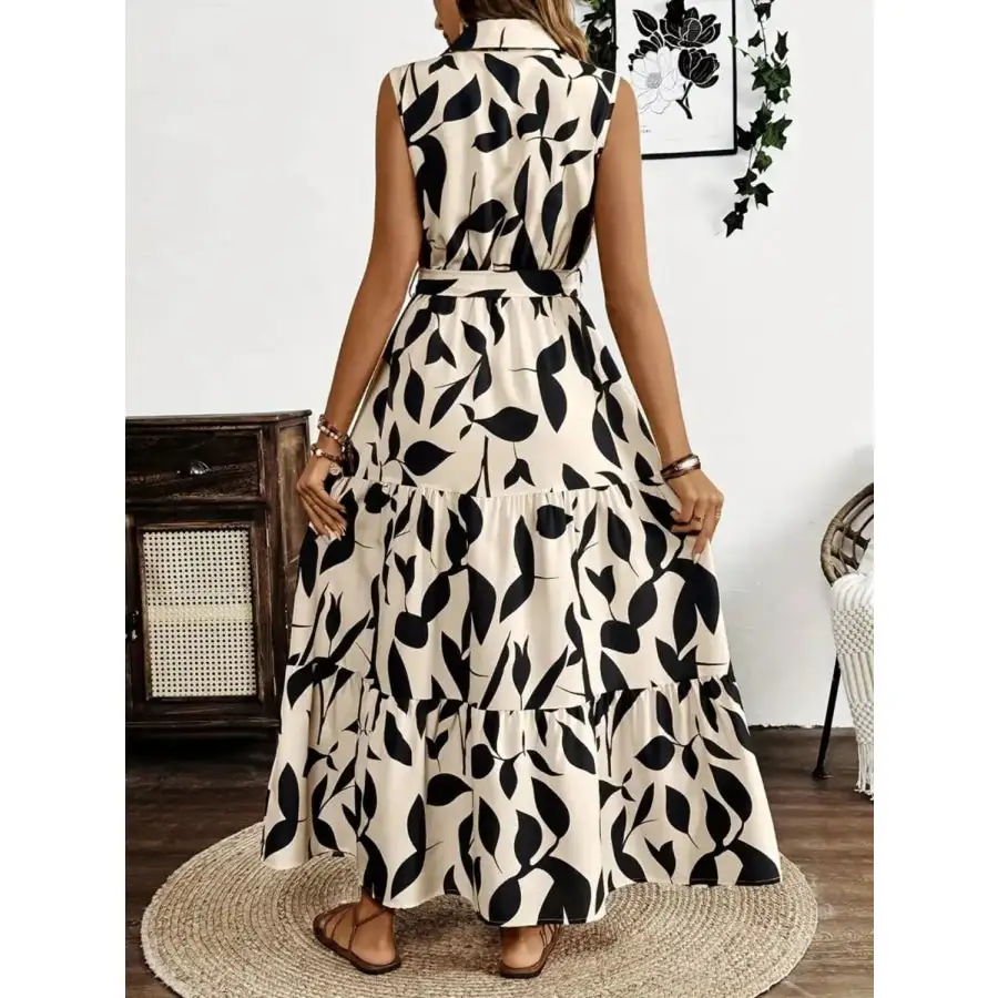 Printed Tie Waist Sleeveless Maxi Dress