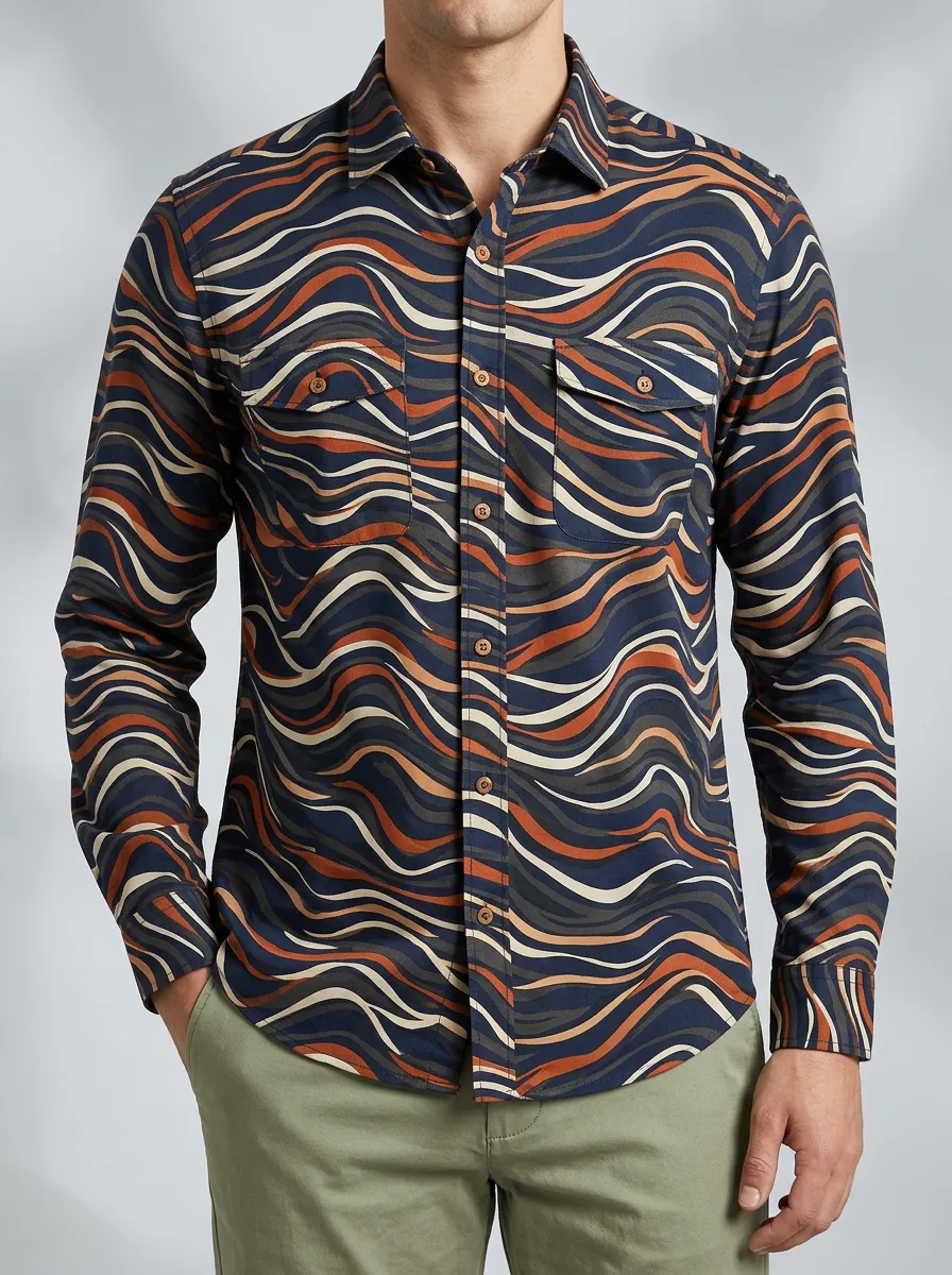 Men's Wave and Abstract Long Sleeve Casual Shirt