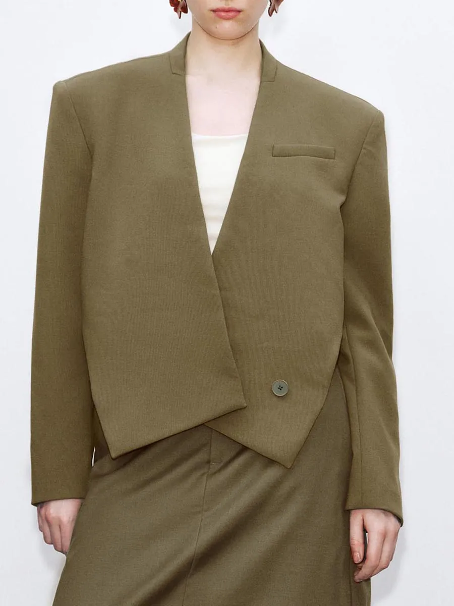 A Khaki Asymmetrical And Elegant Blazer For Women