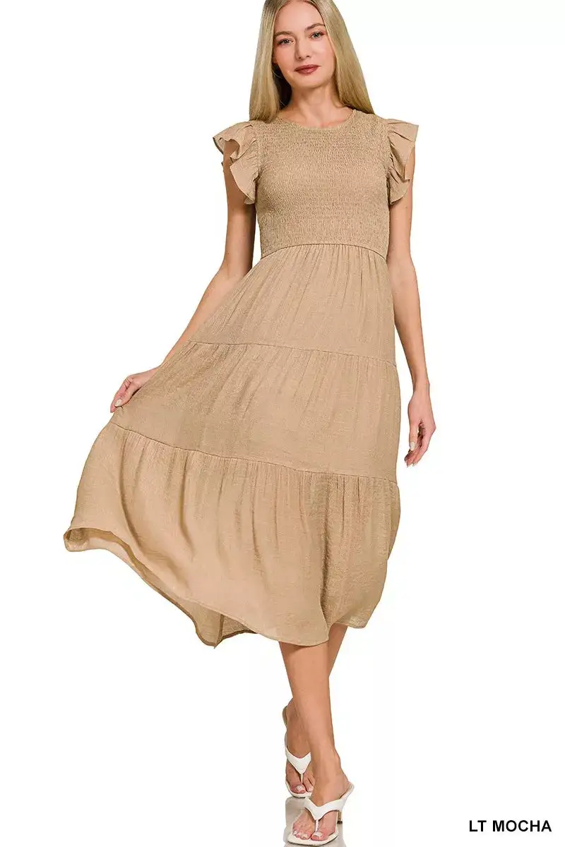 Woven Ruffle Smocked Midi Dress