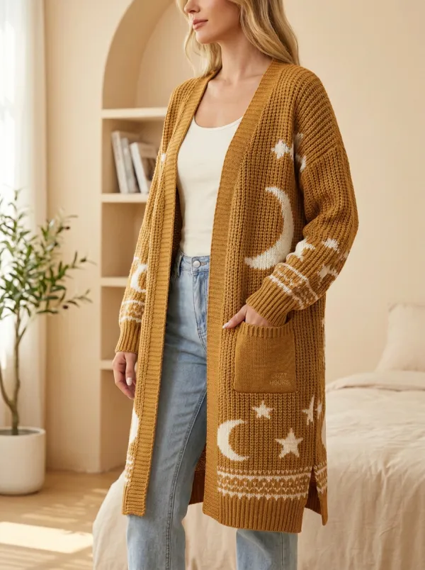 Women's Celestial Moon Star Pattern Print Knit Long Cardigan