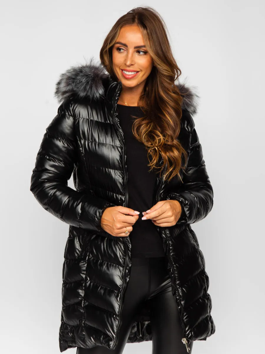 black women's long quilted winter jacket with hood