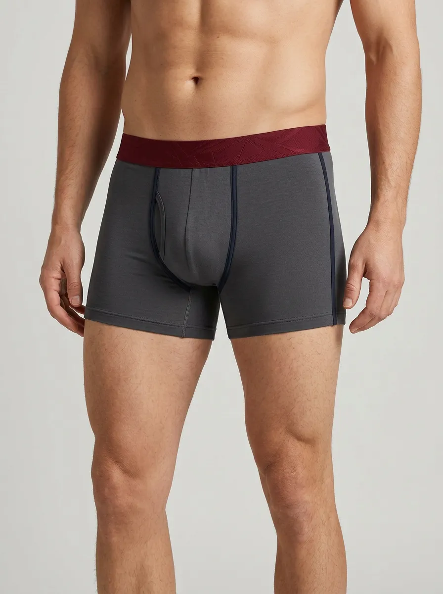 Men's Grey Burgundy Waistband Contrast Piping Boxer Briefs