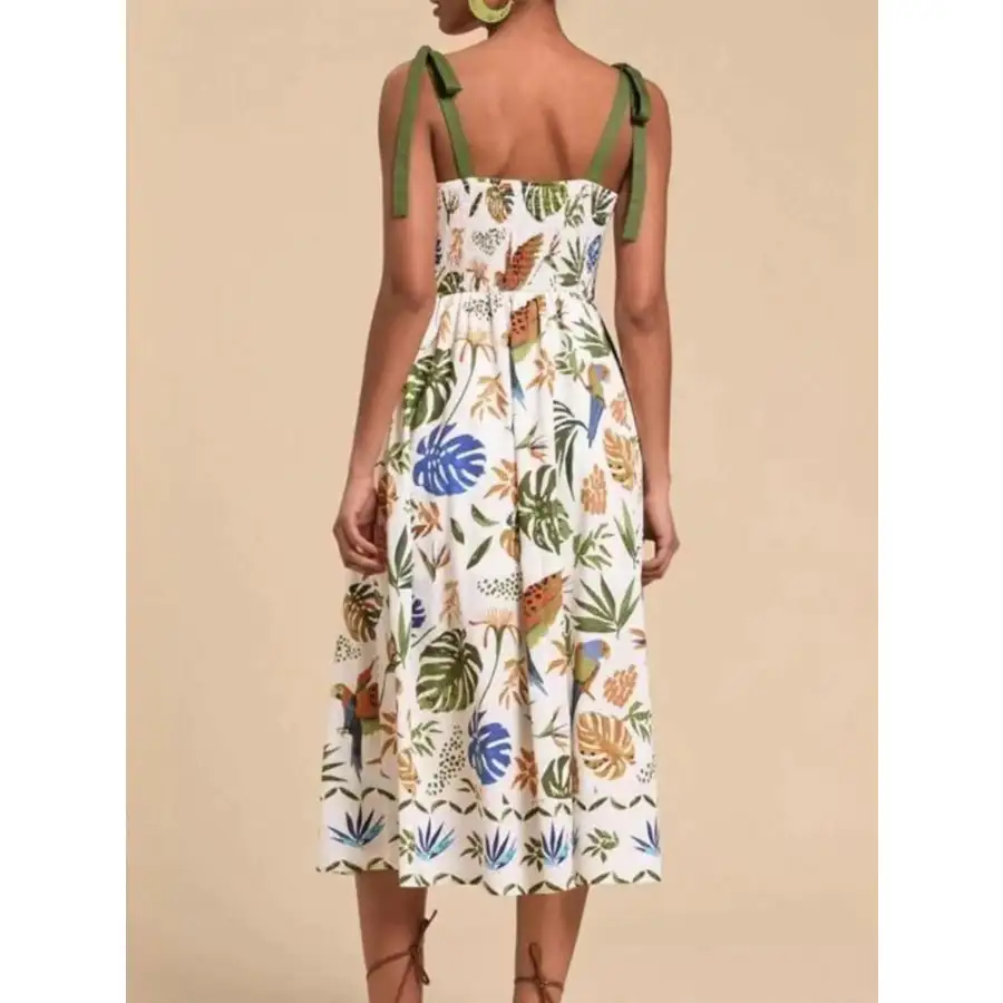 Tropical Print Tie-shoulder Sweetheart Neck Midi Dress