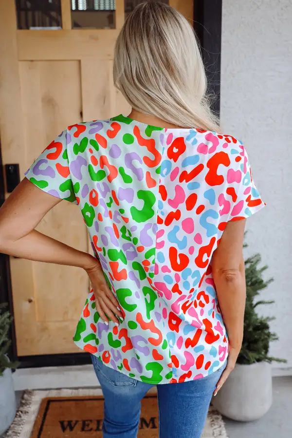 Leopard Print V-Neck Short Sleeve Blouse