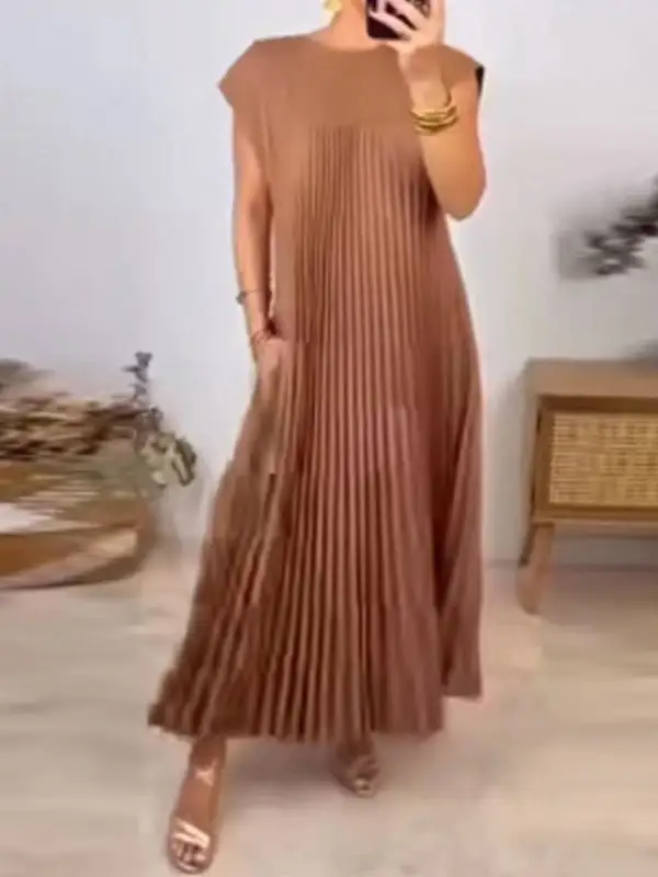 High Color Pleated Neck Maxi Dress