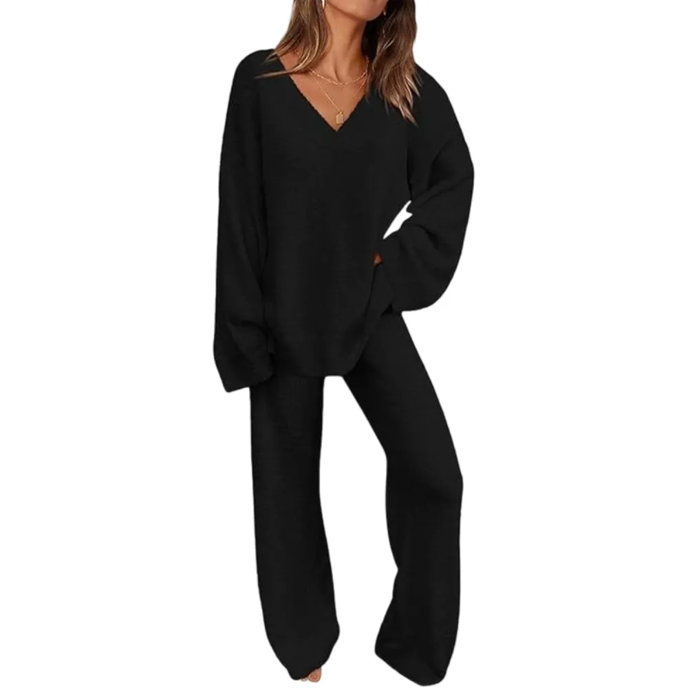 Women's 2-Piece Lounge Set Soft Chunky V Neck Tops& Wide Leg Long
