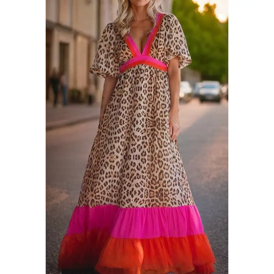 Full Size Leopard V Neck Half Sleeve Maxi Dress