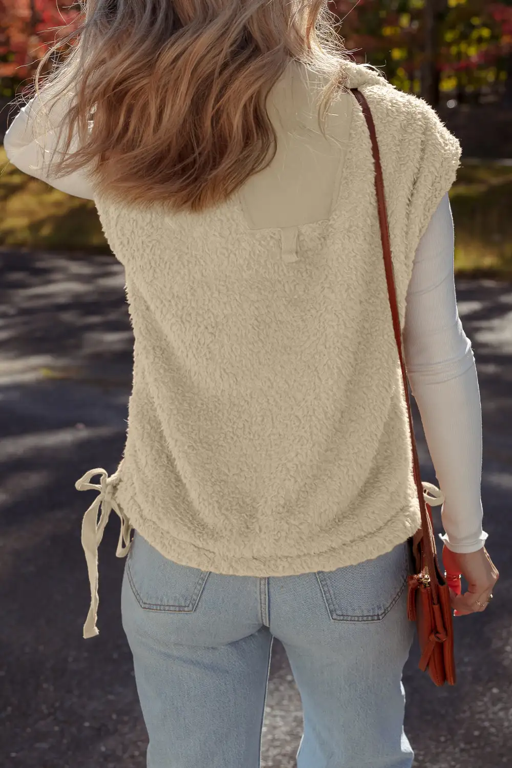 Snap Button Front Knot Side Pocket Detail Polyester Faux Fur Vest