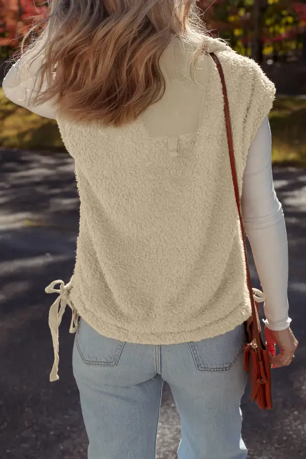 Snap Button Front Knot Side Pocket Detail Polyester Faux Fur Vest