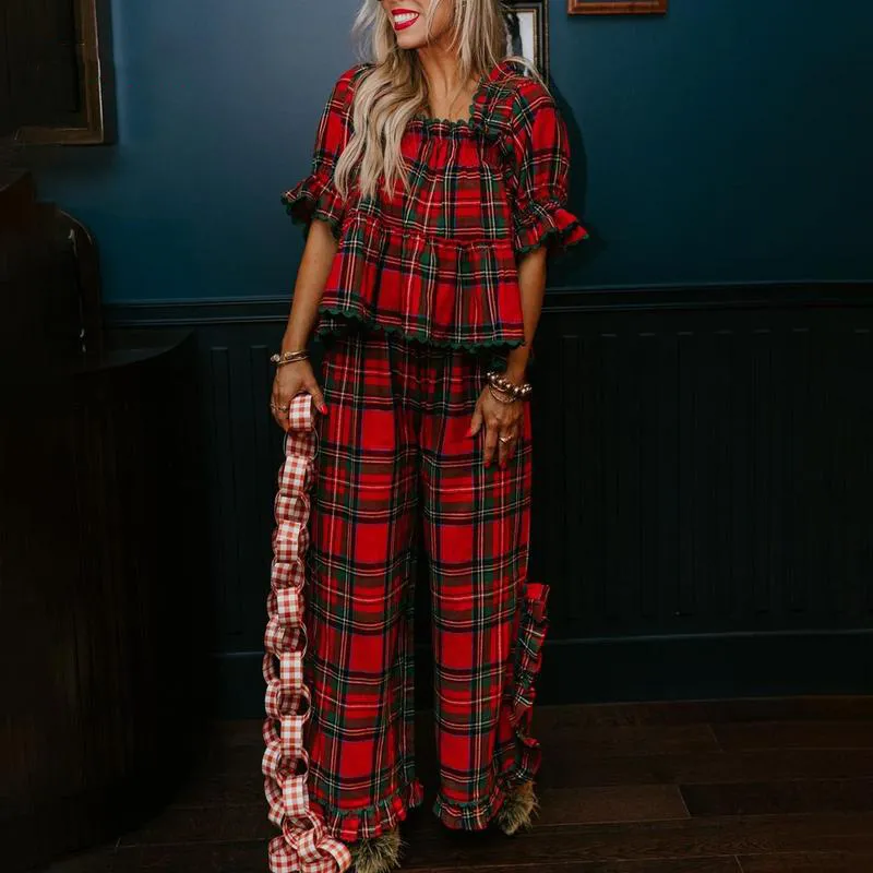 Women Pajama Set,Short Sleeve Square Neck T-shirt with Pants Sleepwear Loungewear