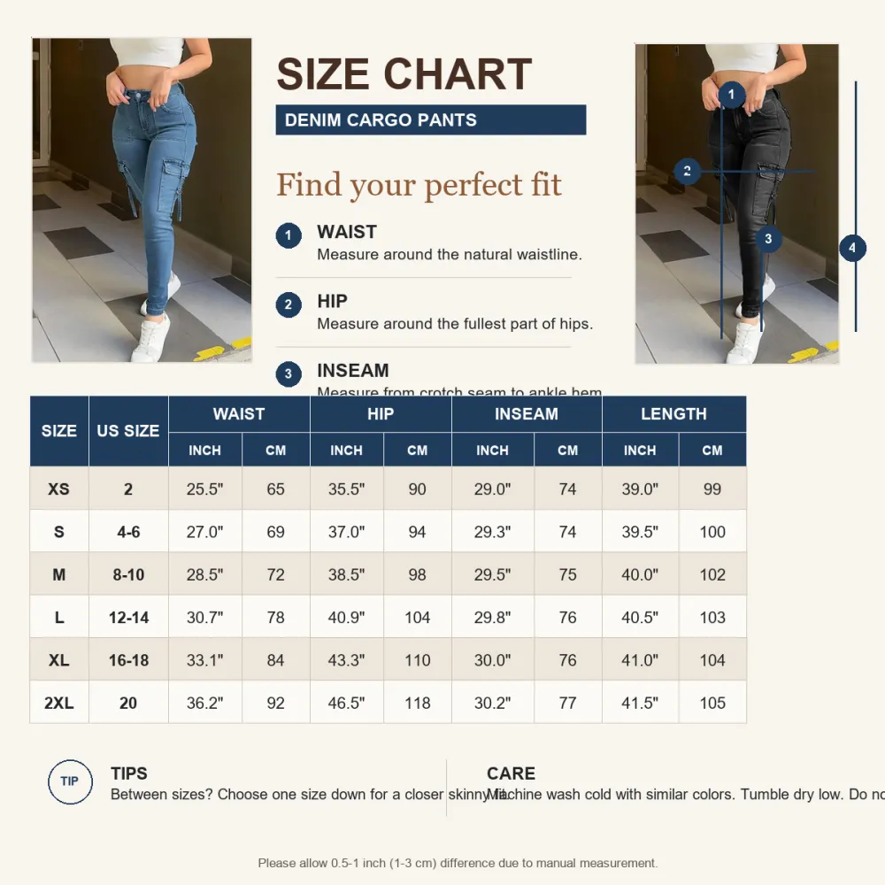 Women's Multi-Pocket Denim Cargo Pants High-Waisted Slim Fit