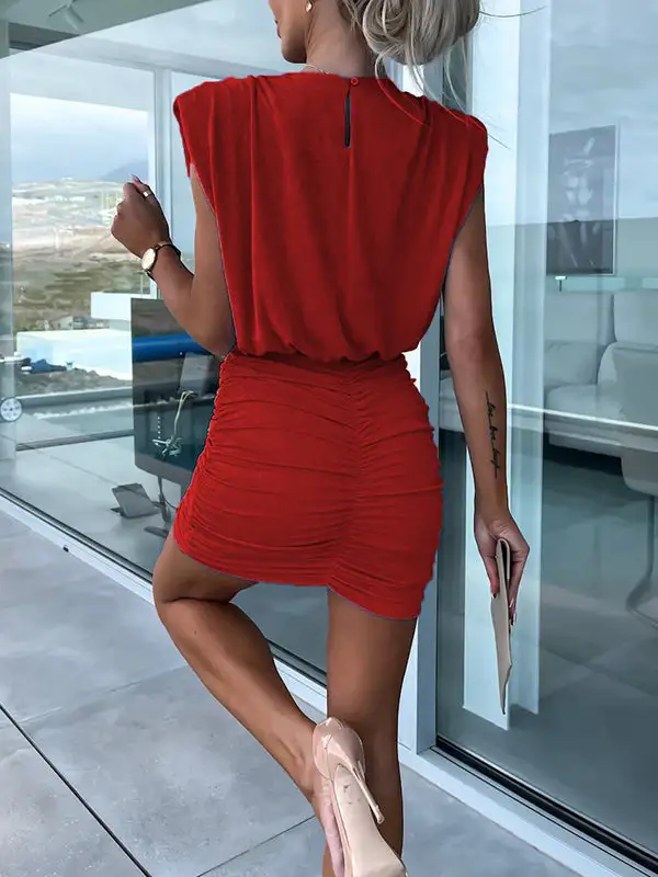 Short Sleeve Skinny Hollow Pleated Shoulder Pad Solid Color Round Neck