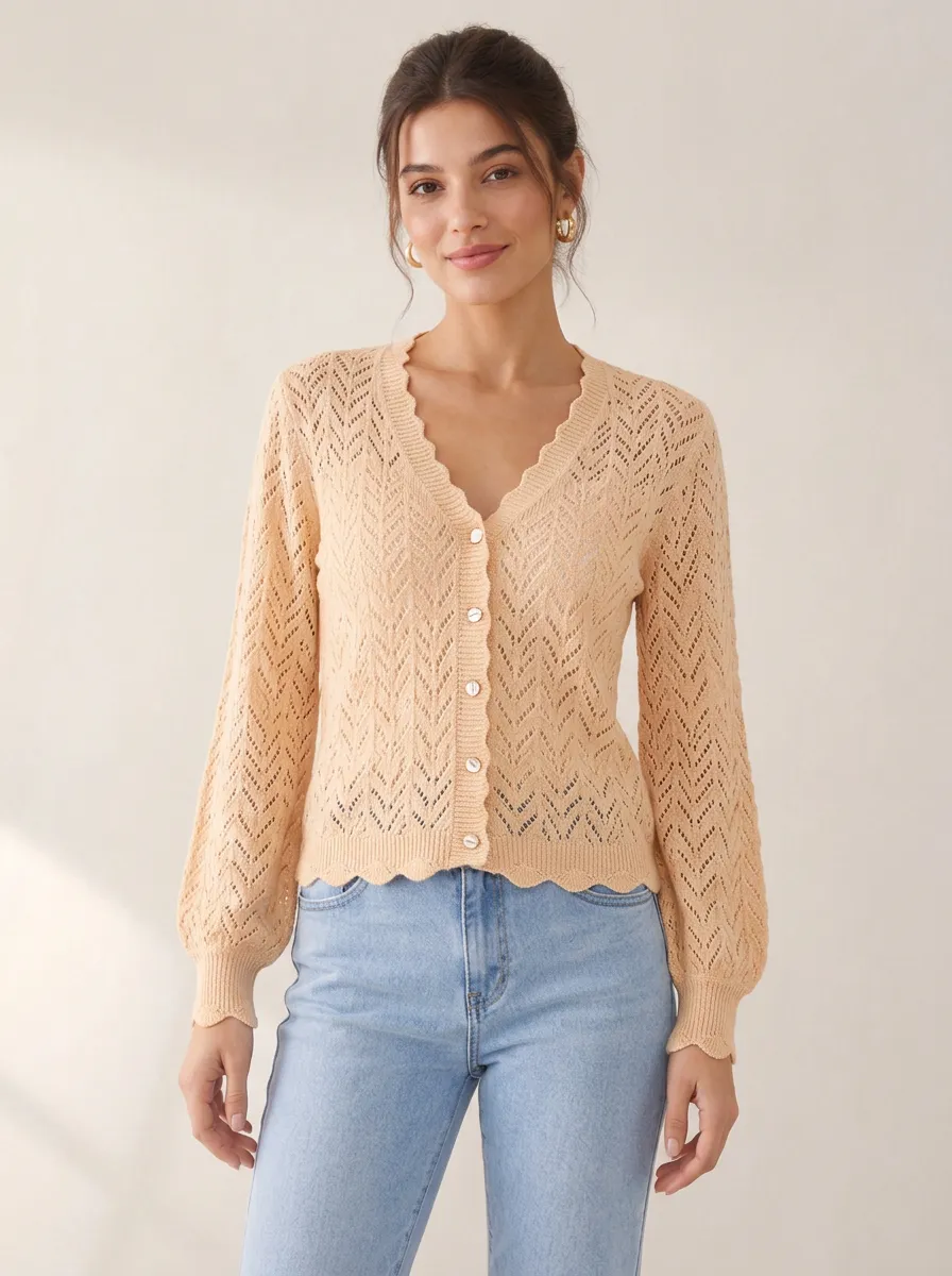 Women's Apricot Chevron Pointelle Knit Scalloped Cardigan Top