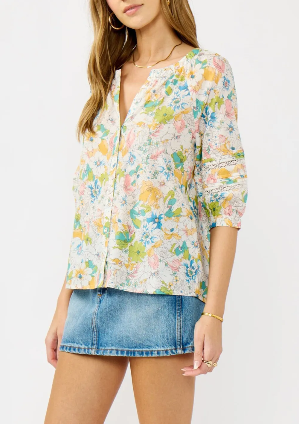 Floral Notched Button Blouse