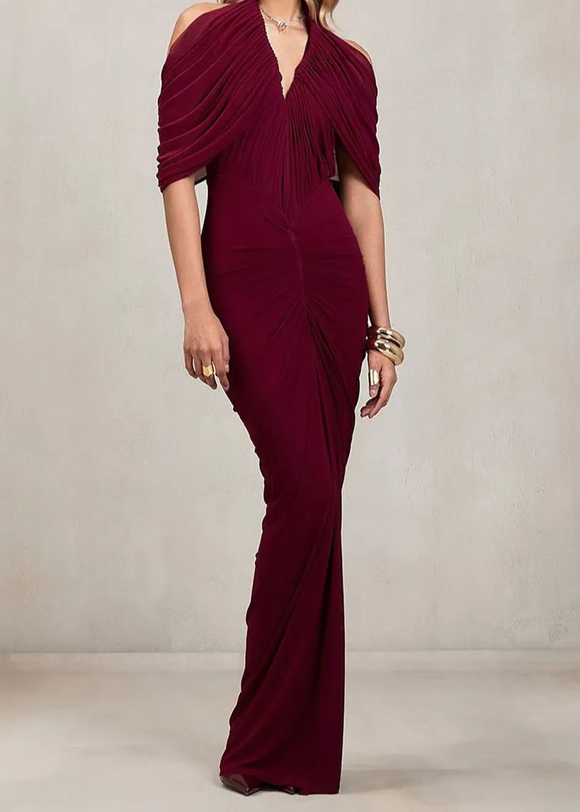Ruched Drapedd Cape Sleeve Maxi Dress