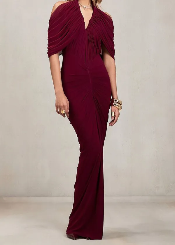 Ruched Drapedd Cape Sleeve Maxi Dress