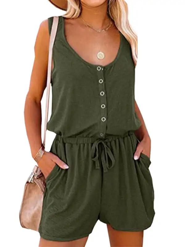 Sleeveless Jumpsuit Waist Tie Loose Wide Shorts